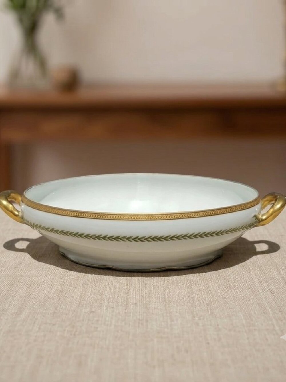 VTG French Limoges Porcelain Serving Bowl G. Ahrenfeldt - Green Laurel w/ gold